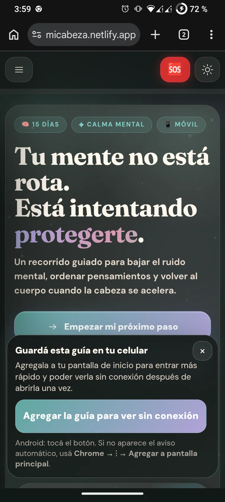 Pantalla principal en tema oscuro